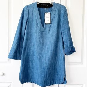 NWT Zara Woman blue denim bell-sleeve v-neck tunic top